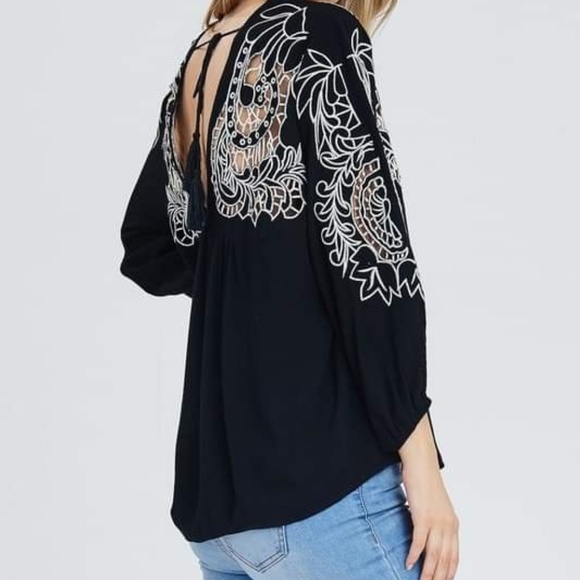 Embroidered V-Neck Top with Tie Tassles - Picture 5 of 6